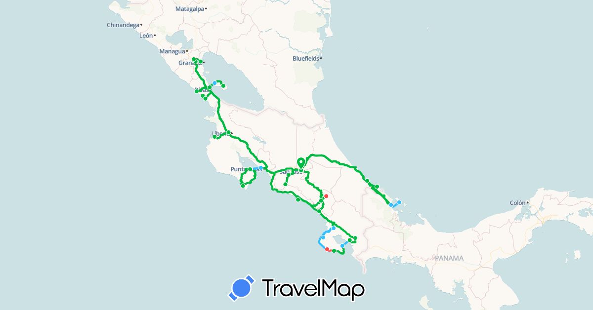TravelMap itinerary: driving, bus, hiking, boat in Costa Rica, Nicaragua, Panama (North America)