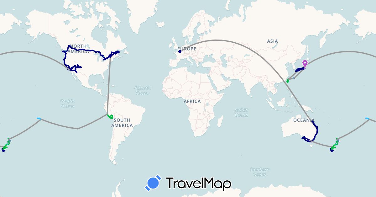 TravelMap itinerary: driving, bus, plane, cycling, train, hiking, boat in Australia, Canada, Chile, France, Japan, New Zealand, Peru, Taiwan, United States (Asia, Europe, North America, Oceania, South America)